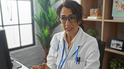 A middle-aged hispanic woman doctor in a clinic office wearing glasses and a stethoscope.