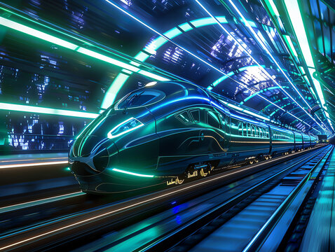Slick, glossy black surfaces intersected by glowing red and blue neon lines, conveying a highspeed data network in motion