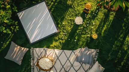 A picnic blanket is spread out on a vibrant green lawn surrounded by tall trees, shrubs, and colorful flowers, creating a picturesque tableau for a relaxing outdoor event AIG50