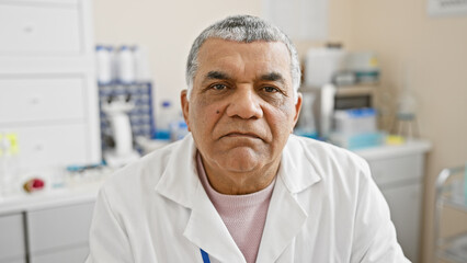 A mature man in a lab coat sits thoughtfully in a medical laboratory, conveying a sense of...