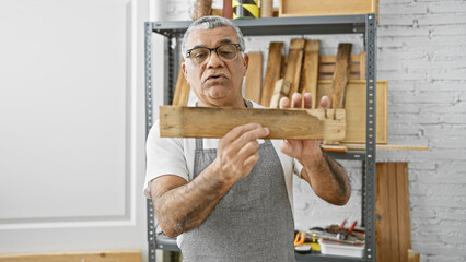 A mature man examines a wooden plank carefully in his well-equipped, bright carpentry workshop.