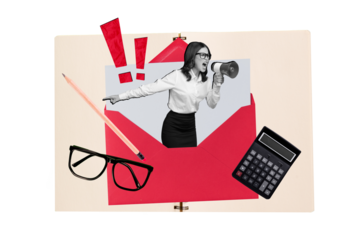 Template poster banner collage of angry executive lady send letter to her employee scream deadline working with megaphone