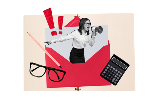 Template poster banner collage of angry executive lady send letter to her employee scream deadline working with megaphone