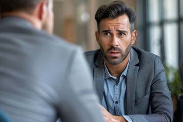 Obraz premium Middle-aged man in formal attire discussing life insurance with agent in office, with copy space available