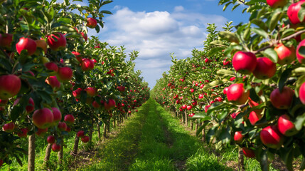 Ripe Apple Trees in a Thriving Summer Orchard Lined in Lush Rows