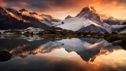 Fototapeta premium Panoramic view of snow-capped mountain peaks reflected in the lake