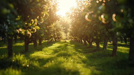 Fototapeta premium Sunny Orchard Scene with Apple Trees and Lush Green Grass in Summertime