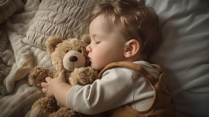 
Sweet baby boy in bear overall, sleeping in bed with teddy bear