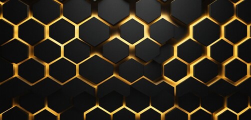 Luxury hexagonal abstract black metal background with golden light lines. Dark 3d geometric texture illustration. Bright grid pattern. Pure black horizontal banner wallpaper. Carbon elegant wedding BG