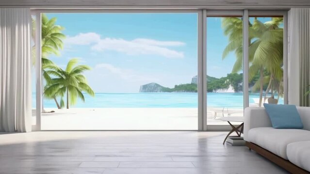 A large window overlooking a beach with palm trees. The room is empty and has a clean, modern look