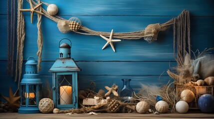 Cozy seaside decor arrangement with lanterns, starfish, and nautical elements against a blue wooden background, creating a coastal ambiance.