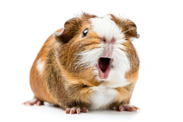 A guinea pig appearing to giggle, with its mouth slightly open, isolated on a white background