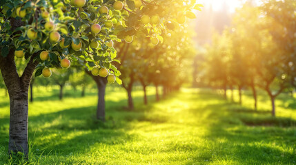 Sunny Orchard Scene with Apple Tree Rows and Lush Green Lawn in Summer