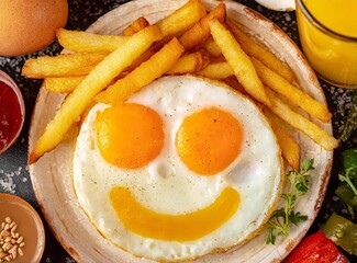 French fries and fried egg making happy face. Concept of happy meal with fast food.