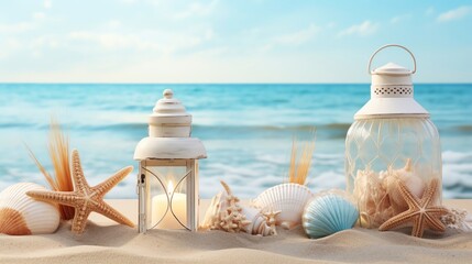 Serene beach scene with decorative lanterns, seashells, and starfish on sand, with a calm ocean under a blue sky.