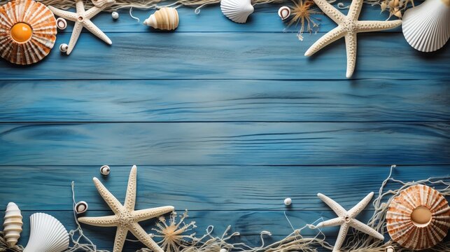 Seashell and starfish arrangement on blue wooden background, perfect for summer-themed projects, vacation visuals, or beach party invitations.