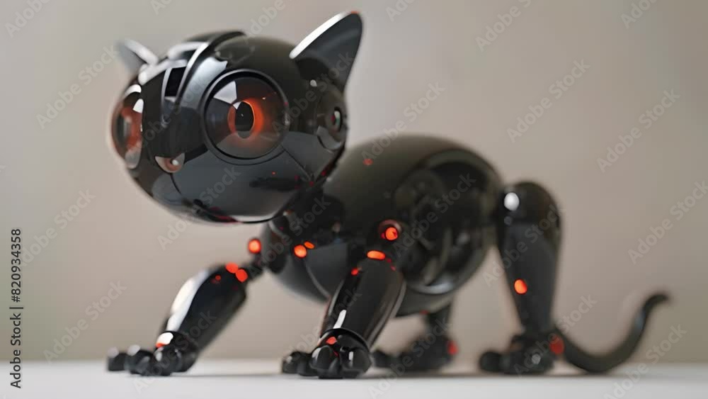 Poster This black robot cat is perched on a table. Black Robot Cat Standing on Table