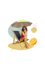 Collage 3d image of pinup pop retro sketch of beautiful attractive pretty female sit beach...