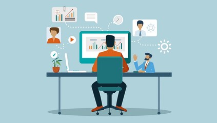 Fototapeta premium A man is sitting at a desk with a computer monitor and a laptop generated by AI