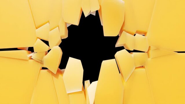 A yellow wall with subsurface scattering breaks into pieces from the center. 3d animation
