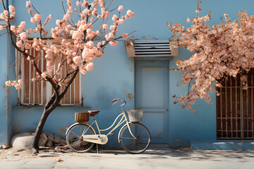 Illustration of a bicycle next to a flowering tree is AI generated