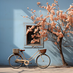 Illustration of a bicycle next to a flowering tree is AI generated