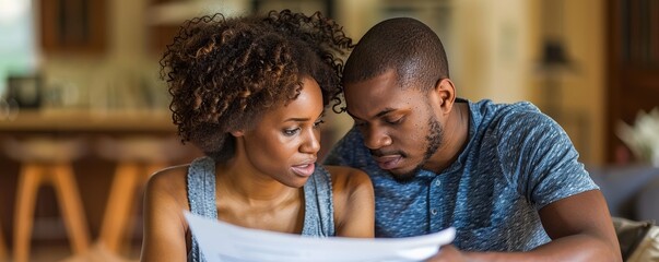 A young couple with a financial advisor at home reviewing a life insurance policy, with copy space