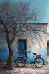 Illustration of a bicycle next to a flowering tree is AI generated