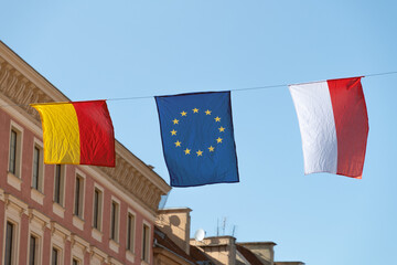 Flags of Warsaw, Poland and the European Union