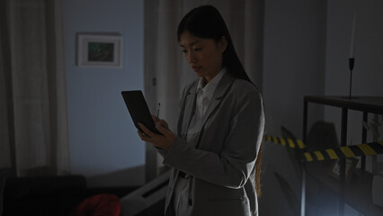 An asian woman analyzes a crime scene in a dimly lit living room, using a tablet to record her observations.