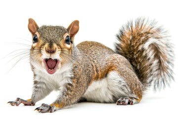 A squirrel with a wide smile, looking joyful, isolated on a white background