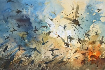 Vivid Watercolor Painting Portraying an Intense Swarm of Mosquitoes Attacking