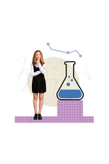 Collage thinking schoolgirl education minded looking molecule formula chemical reagent flask...