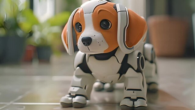 This toy dog stands on a tile floor. Robot puppy Standing on Tile Floor