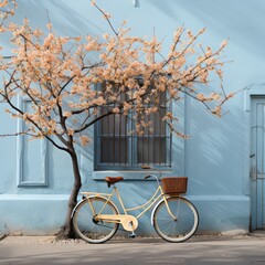 Illustration of a bicycle next to a flowering tree is AI generated