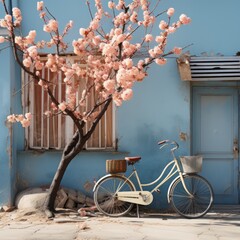 Illustration of a bicycle next to a flowering tree is AI generated