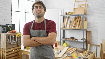 A confident hispanic man with a beard stands arms crossed in a well-equipped carpentry workshop room