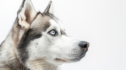 Close-up portrait view of Siberian Husky dog head from side view isolated on white background