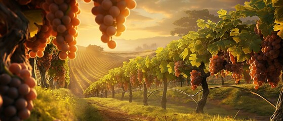 A picturesque vineyard bathed in the golden light of Spring, where rows of grapevines stretch...