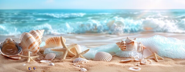 A beach scene with shells and starfish scattered across the sand generated by AI