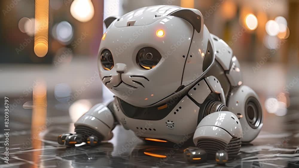 Poster this robot cat sitting on shiny marble floor. robot cat sitting on marble floor