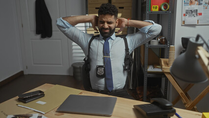 A stressed hispanic detective man with a beard takes a break in a cluttered police office.