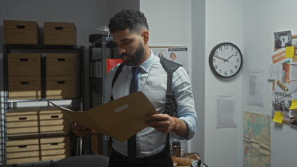 Hispanic detective reviews case files in a cluttered police station office, showcasing law...
