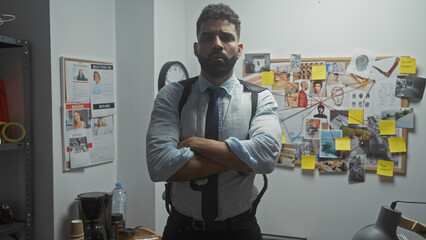 A confident hispanic detective stands with arms crossed in a cluttered police station office,...