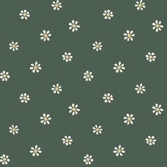 Daisy or chamomile flower seamless vector pattern vector pattern background. Small flower heads scattered on dark green backdrop. Simple all over print for spring, summer, gardening products
