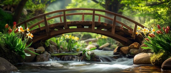 A quaint wooden bridge arching over a babbling brook, adorned with freshly bloomed tulips and daffodils, framed by the verdant foliage of Spring. 32k, full ultra HD, high resolution