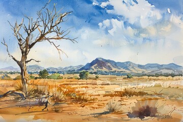 Midday Warmth in a Drought Afflicted Landscape Watercolor Representation