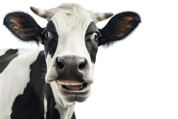 A cow with a broad smile, looking cheerful, isolated on a white background