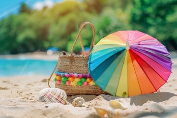 Flip-flops and shells on the beach.. Beautiful simple AI generated image in 4K, unique.