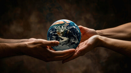 two hands carefully holding blue earth planet in the middle environmental protection concept